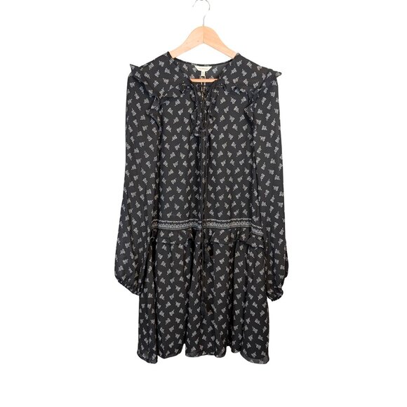 NWT Max Studio Womens Medium Midi Dress Black Long Sleeve Drop Waist Ruffle Trim - Picture 1 of 13